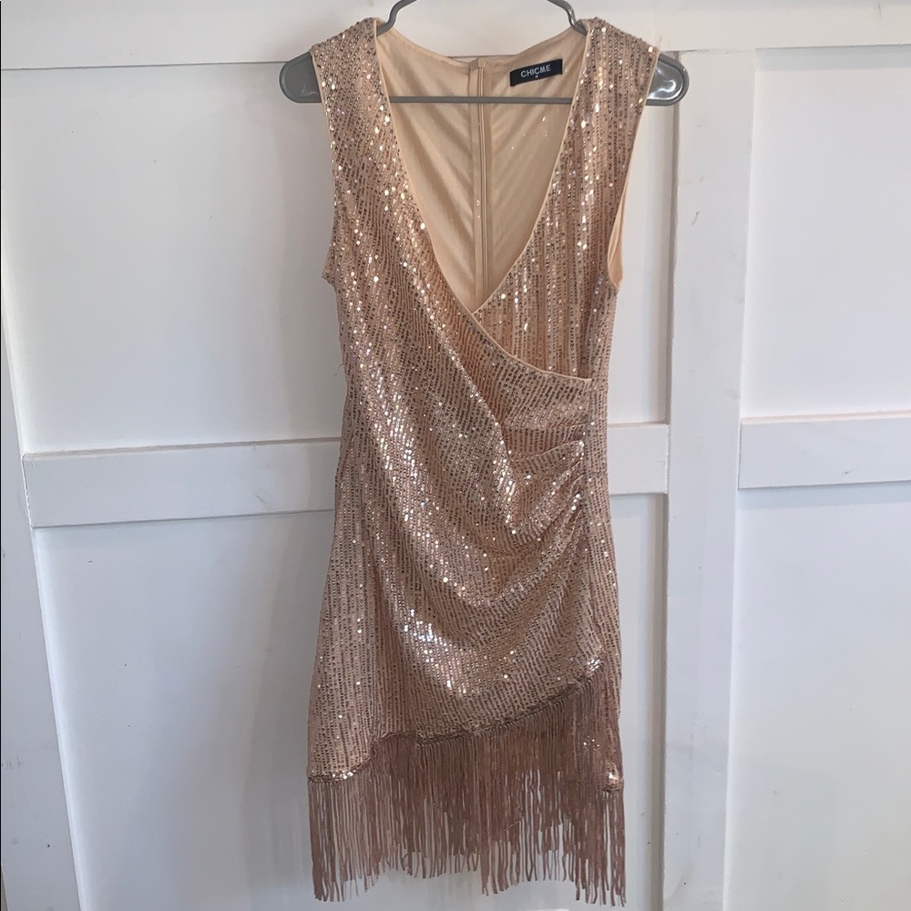 Rose Gold Fringe V-Neck Party Dress - Picture 1 of 3